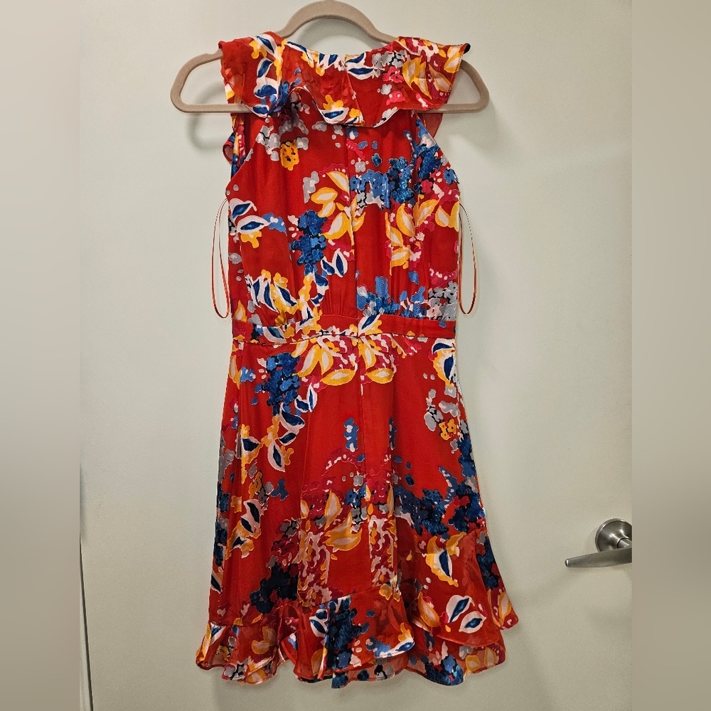 Saloni Cece Floral Print Ruffle Trim Dress in Coral Size 4 - Picture 4 of 9